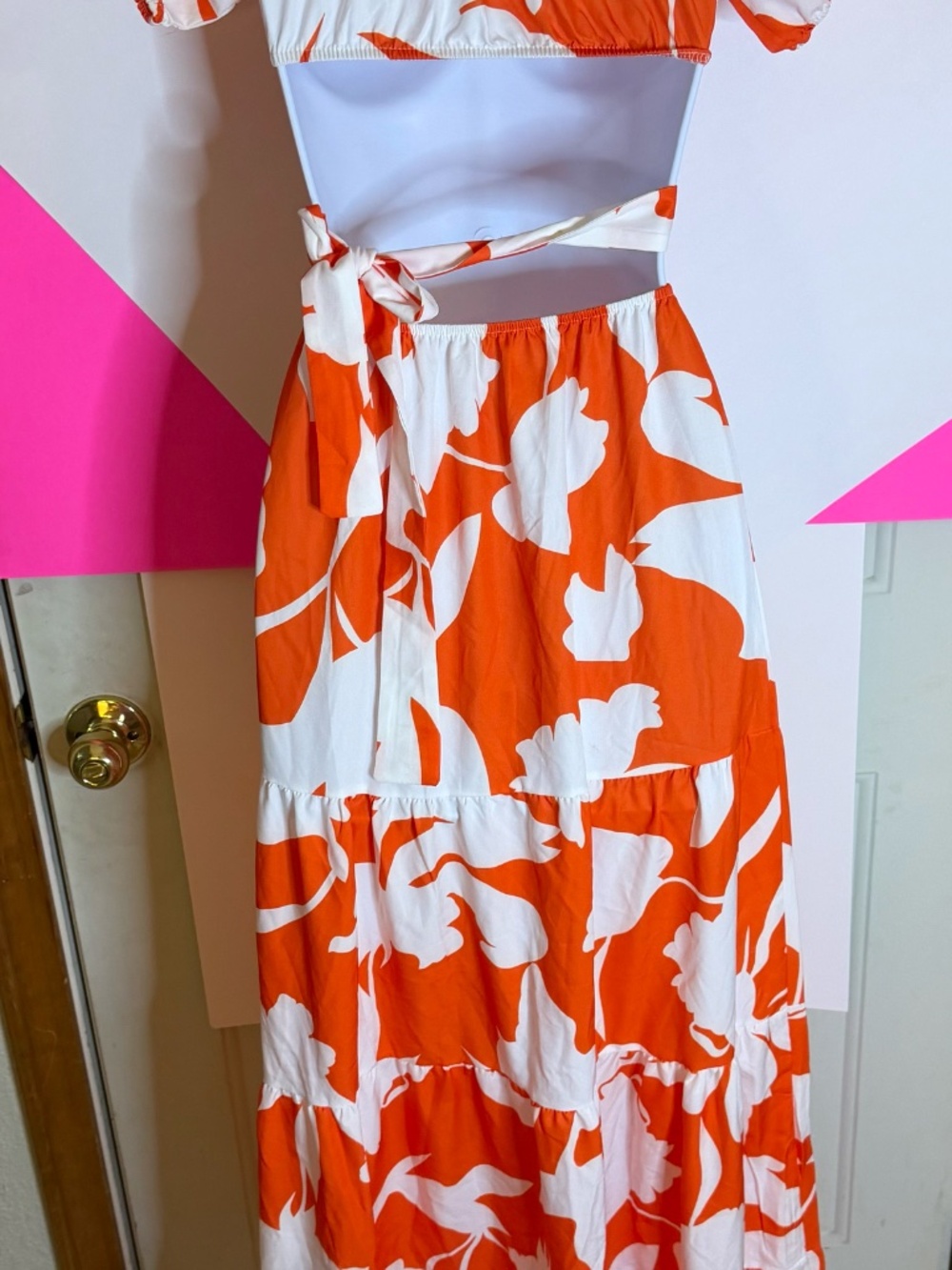 Orange & White Tropical Cutout Maxi Dress Small Vacation Resort Beach - Picture 3 of 3